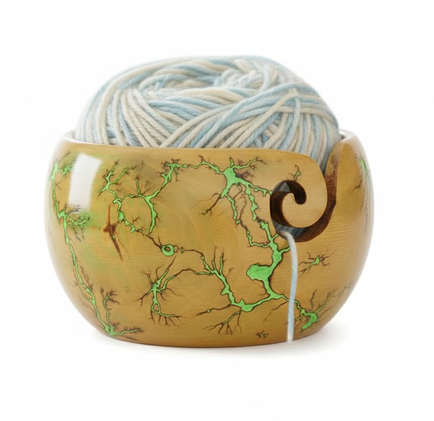 Image of Lichtenberg Figure Yarn Bowl - Handmade Wooden Yarn Bowl for Knitting Yarn Ball Holder - Yarn Bowls with Holes Crochet Bowl Holder - Yarn Storage Bowl 7 inch x 4 inch inches (Green-B)