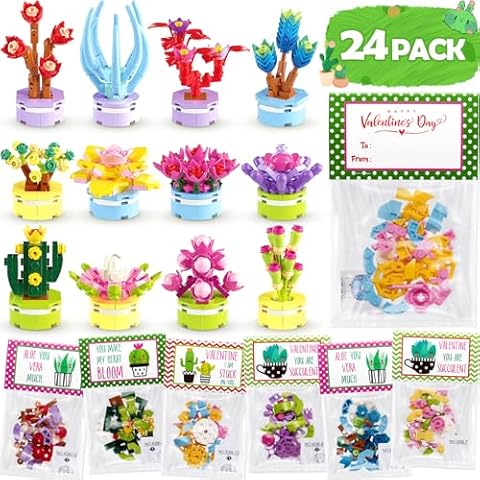 Qinline Valentines Day Gifts for Kids 8-12, 24 Pack Succulents Plants Building Blocks Kit With Gift Cards for Kids School Classroom, Class Valentines Gift Exchange, Kids Party Favors Stuffers Fillers Cover