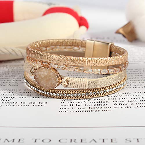 Fancy Shiny Leather Wrap Bracelet Boho Cuff Bracelets Crystal Bead Bracelet With Clasp Jewelry Gifts For Women Teen Girls(7.7", Gold) #TOP5