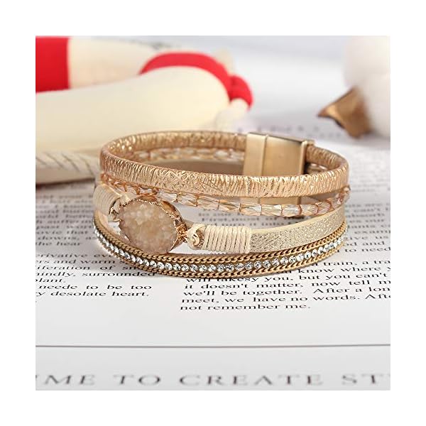 FANCY-SHINY-Leather-Wrap-Bracelet-Boho-Cuff-Bracelets-Crystal-Bead-Bracelet-with-Magnetic-Clasp-Jewelry-Gifts-for-Women-Teen-Girls FANCY SHINY Leather Wrap Bracelet Boho Cuff Bracelets Crystal Bead Bracelet with Clasp Jewelry Gifts for Women Teen Girls(7.7", Gold)