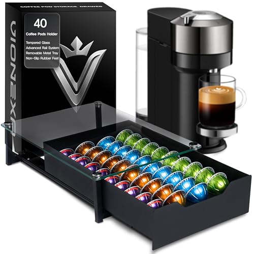 Comparison: Best Nespresso Glass Drawer 9 VIONEXA Coffee Pod Holder with Rail Drawer for Nespresso – 40 Pods Capacity for Nespresso Vertuoline & K-cups Capsule – Tempered Glass and Anti-Slip Base Metal Coffee Pods Organizer 16.14x11.81x3.94