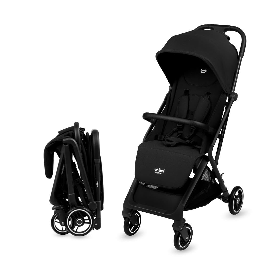 Jikel Nomad Auto-Fold Travel Stroller,Light & Ultra Compact,Airplane Friendly,Cup Holder,Adjustable Footrest,one hand folding (Black)