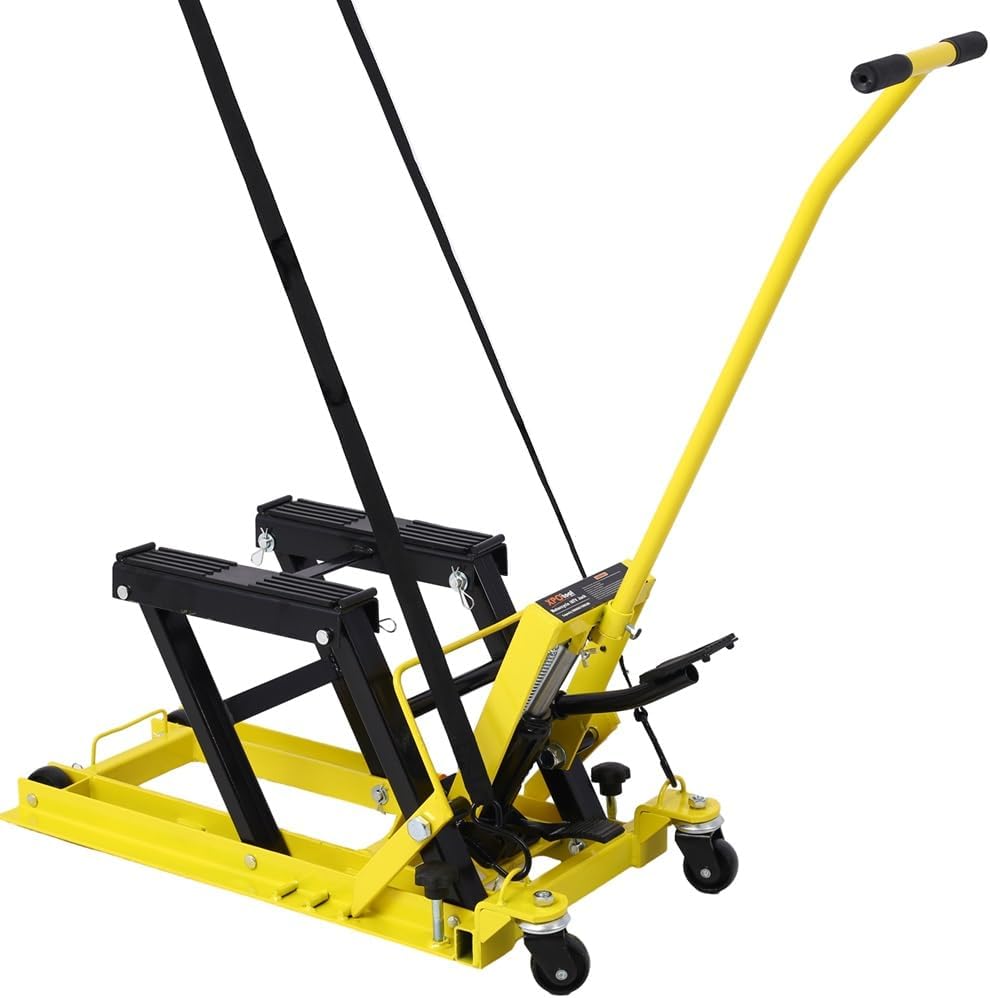 Hydraulic Motorcycle Lift Jack, 1500 LBS Capacity Foot-Operated Motorcycle Lift Table, ATV Scissor Lift Jack with 4.5" - 15" Lifting Range, Portable Motorcycle Lift Table with Wheels Yellow