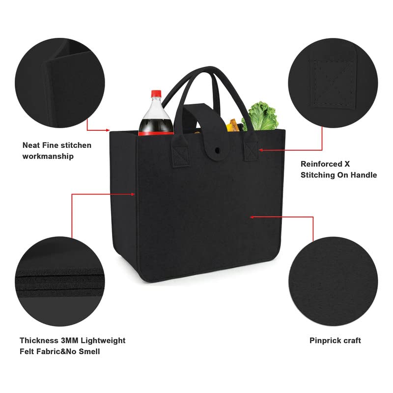 Image of Felt Fabric Reusable Shopping Bag with Handle & Button Closure for Grocery, School, Beach, Travel, Study, Gym, Gifts | Size - 30x34.5x17.8cm