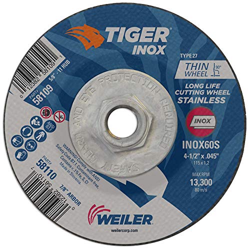 Image of Weiler 58109 4-1 /2 Inch Cutting Wheel, Tiger Inox Stainless Steel Contaminant-free High Performance Cutting, .045 inch INOX60S Type 27 5 /8 inch-11 Hub, Pack of 10