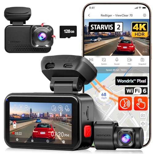 REDTIGER VC70 4K+2.5K Dash CAM Coche,STARVIS 2 IMX678 x Wondrix™ HDR Visión Nocturna con Luz Negra,WiFi 5.8GHz 30MB/s,Control por Voz,Pantalla Táctil,128GB de Memoria Card,Monitor de Aparcamiento