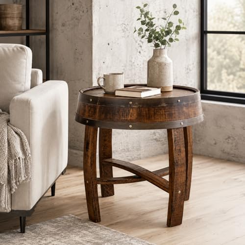 Flpolble Round Whiskey Barrel Side Table with Tray Top Rustic Farmhouse End Table for Living Room Wooden Coffee Table Accent Table for Sofa Bedroom Small Space