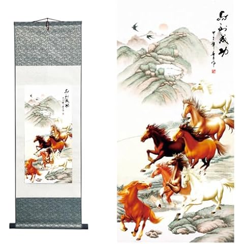 Ziosxin Chinese Art Painting Chinese Brush Landscape Ink Flower and Bird Painting Asian Tapestry Silk Scroll Painting Decor Wall Hanging Painting (Running horse, 39" x 12"/100 x 30cm) Cover