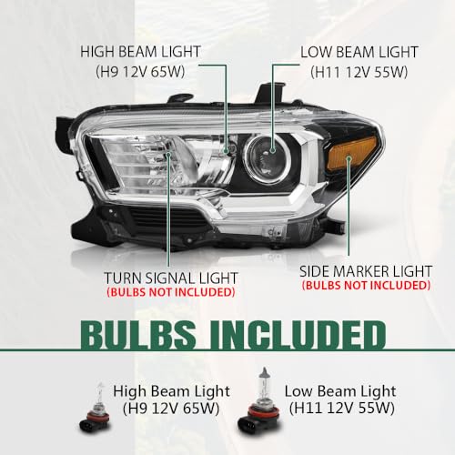 Image of GRAND ORANGE Headlight Assembly W /O LED Daytime Running Light Front Headlamp Left & Right Side Compatible with Toyota Tacoma 2016-2017 Clear Lens Black Housing OE Replacement Halogen Type