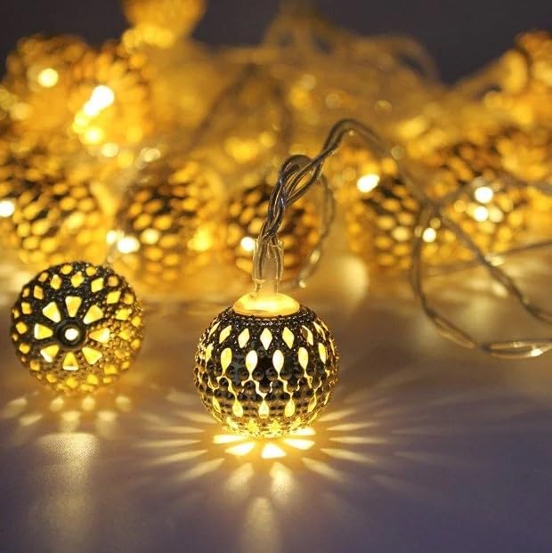 Chronos Metal Moroccan Balls Decorative String Lights – 2.7M with 12 LED Warm White Lights, Plug-in Power for Home Décor, Parties, Festivals & Weddings