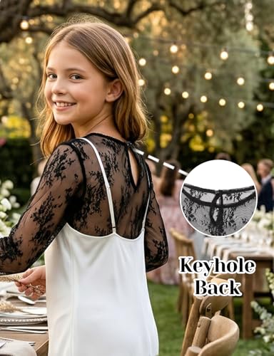 Image of Noomelfish Girls Lace Layering Tops Sheer Mesh Tee Shirts Blouse (5-12 Years)