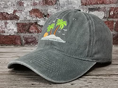 Palm Tree Embroidered Dad Hat For Men Women, Dark Gray Adjustable Baseball Caps, Embroidery Tropical Coconut Distressed Sun Hat #TOP1