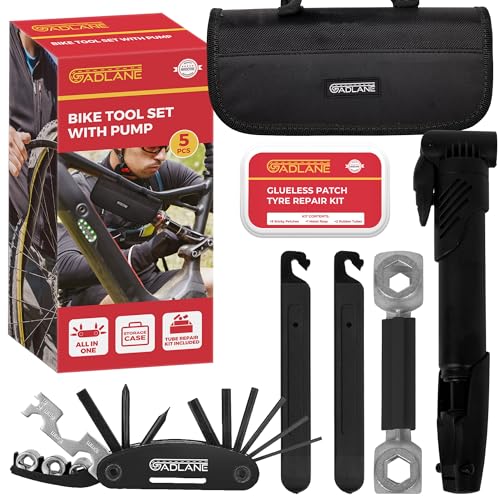 GADLANE Puncture Repair Kit With Mini Bike Pump - 16 In 1 Multi Tool Kit, Bone Wrench, Glueless Tube Repair Kit, 2 x Tyre Levers, Valve Adaptor & Frame Mounted Storage Case - Bike Tyre Repair Kit