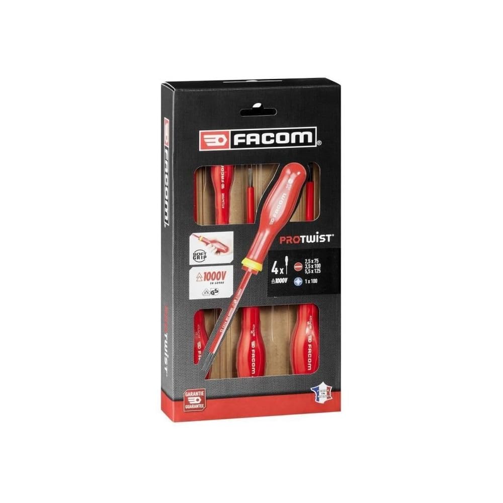 FACOM Set di 4 cacciaviti Protwist isolati 1000V, Set di 2 cacciaviti Fessura + 2 Prozidriv, set di attrezzi trattati in Termico, At4Vepb