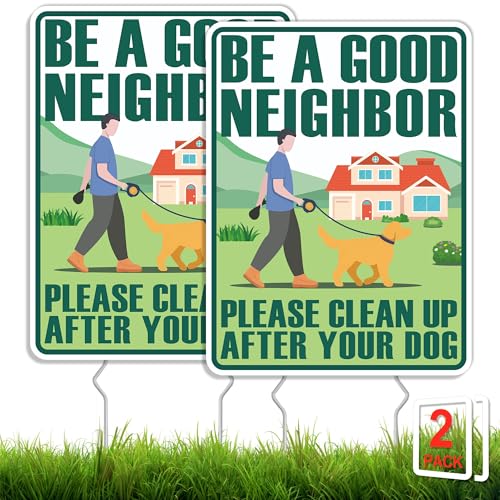 Clean Up After Your Dog Signs, 2 Pack No Pooping Dog Signs for Yard with Metal Stakes, Double Sided Pick Up Poop Yard Sign, UV Protected & Waterproof