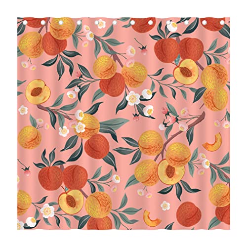 Peach Shower Curtain, Cute Pink Fruits Orange Peach Apricot Flower Leaves Colorful Shower Curtain Set For Bathroom, Allover Simple Peachy Waterproof Fabric Shower Curtains With 12 Hooks, 72"×72" #TOP5