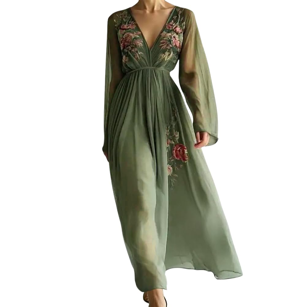 Minetom Femme Robe De Soirée Chic Longue Col V À Fleur Mousseline Manches Longue Maxi Dress Plage D'Été Cocktail Mariage Robe De Demoiselle d'honneur