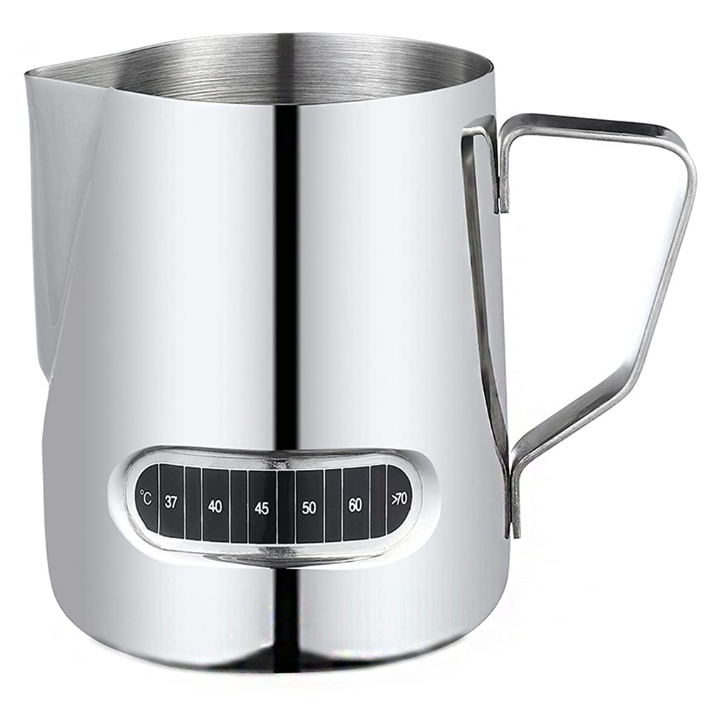 Ancllo Silver Milk Frothing Pitchers With Integrated Thermometer,Latte Art Jug Stainless Steel Creamer Temperature Espresso Steaming Pitchers 20 Oz (600 Ml)