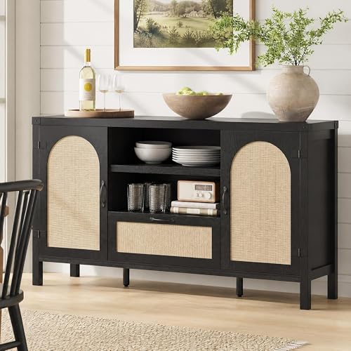 IDEALHOUSE Sideboard Buffet Cabinet with Storage 59.1 Large Rattan Storage Cabinet with Drawers Farmhouse Coffee Bar Cabinet for Living Room Kitchen Entryway Black