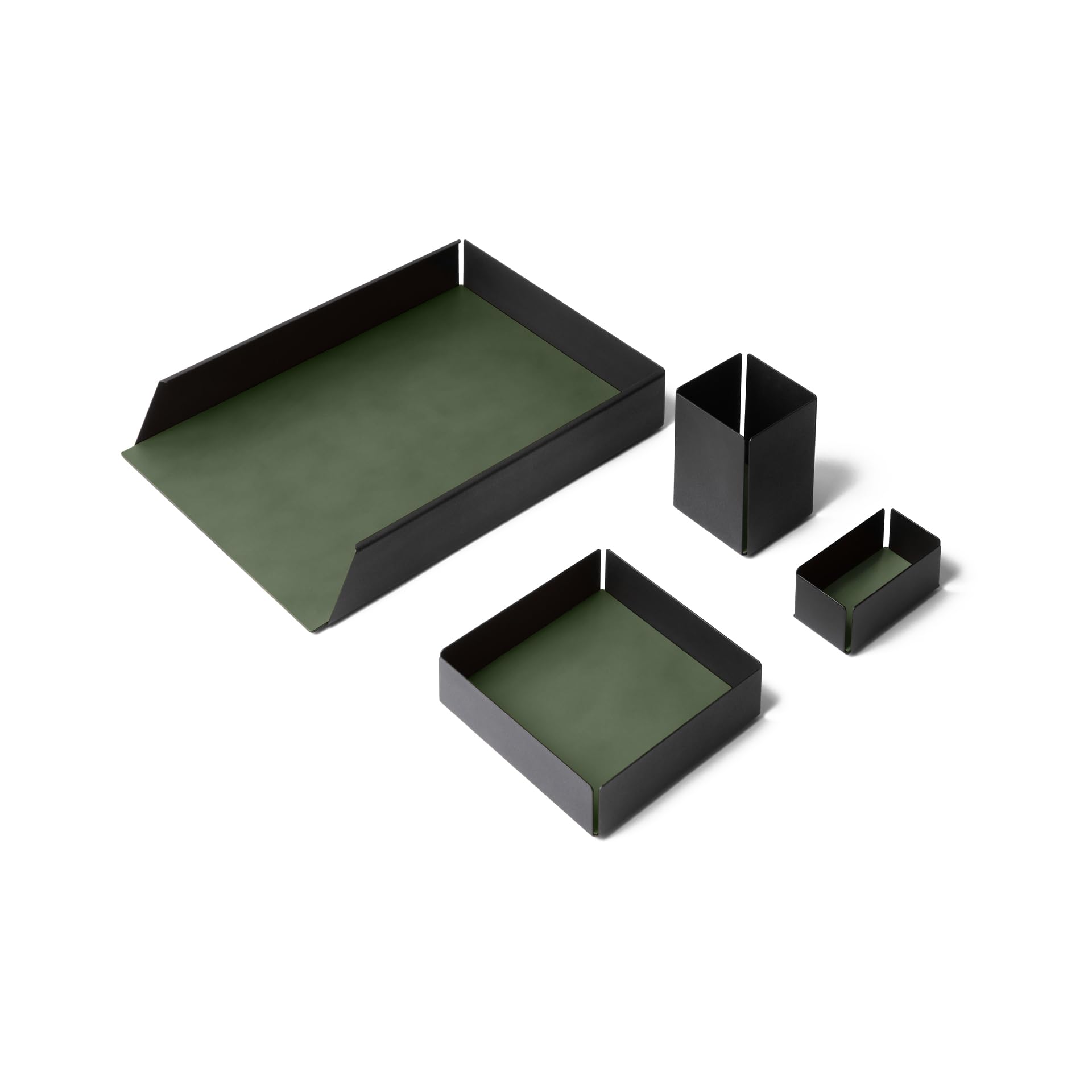 Eglooh - Moire - Set Scrivania Acciaio Nero Opaco - Fondi Interni in Cuoio Verde - 4 Pezzi: Svuotatasche, Portapenne, Porta Documenti, Porta Biglietti da Visita - Made in Italy