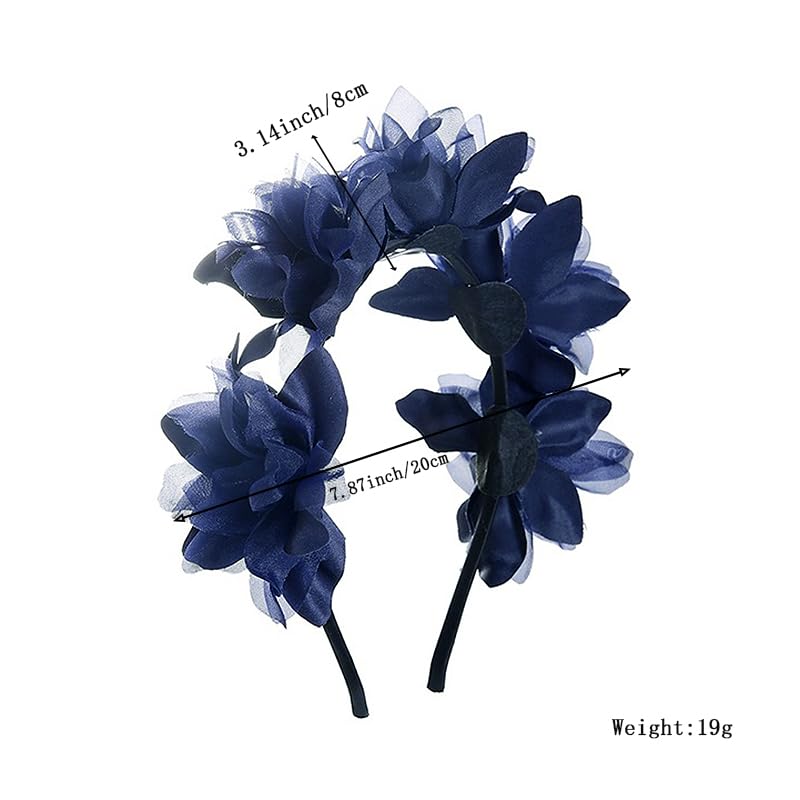 Baby Girls Flower Headband Soft Chiffon Gauze Floral Cluster Baby Headpiece Bridal Wedding Party Fabric Flower Pearl Head Accessories for Little girl (Flower 2 - dark blue, Elastic)2