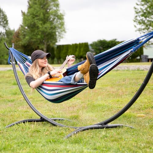 Image of SUNCREAT Hammocks for Outside with Stand, Porch Hammock and Stand, 475 lbs Capacity, Blue & Red Stripes