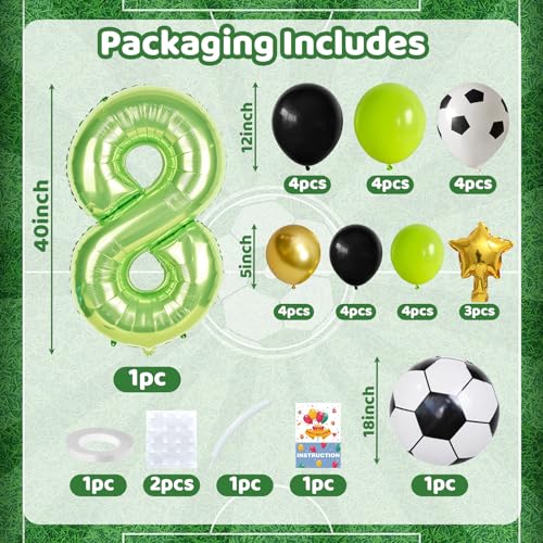 Image of Green Number 8 Balloon Soccer 40 Inch Number Eight Foil Balloons Tower Set for Boys 8th Birthday Party Decorations Giant Large Digital Aluminum Balloons Stack for Football Lover World Sports Game