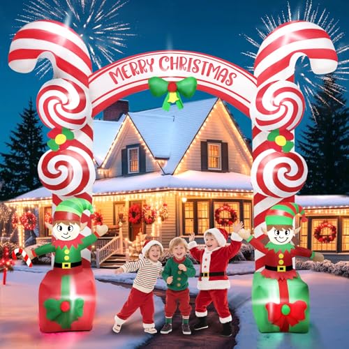 Kalolary Arche Gonflable de Noël, Arche de Lutin du Père Noël en Bonbon à la Menthe Poivrée, Décoration Gonflable Géante Extérieure avec Lumières LED Intégrées