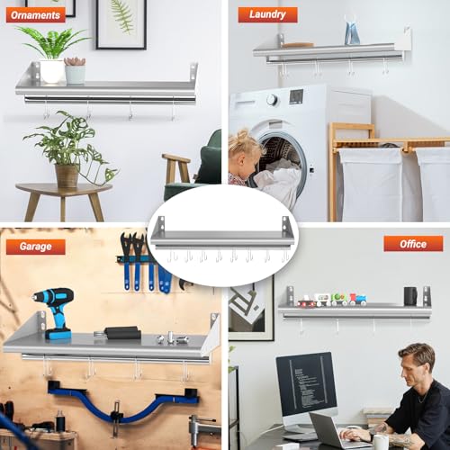 Image of Skyflame 12 inch x 48 inch Stainless Steel Shelf Wall Mounted with 8 Hooks