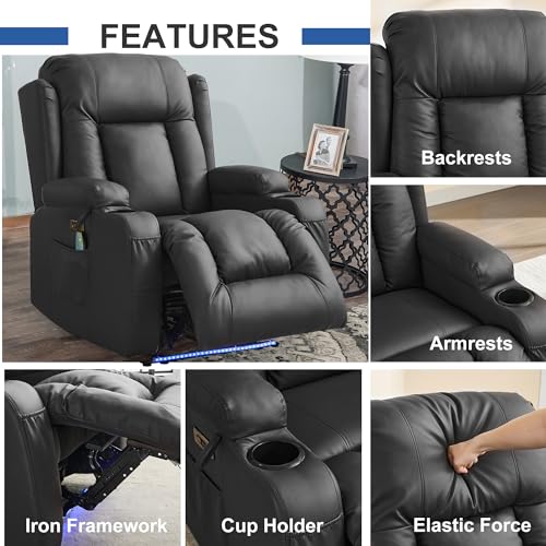 Image of URRED Recliner Chair with Massage and Heat, Power Reclining Sofa Chair Home Theater Seating with LED Ambient Light, USB Ports, Cup Holders, Side Pockets, Faux Leather, Black