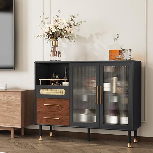 Image of ARTPOWER 48 inch Coffee Bar Cabinet with Wine Racks and Drawers, Modern Buffet Sideboard with Pull-Out Wine Storage, Liquor Bar Cart for Kitchen, Dining Room, Living Room (Black)