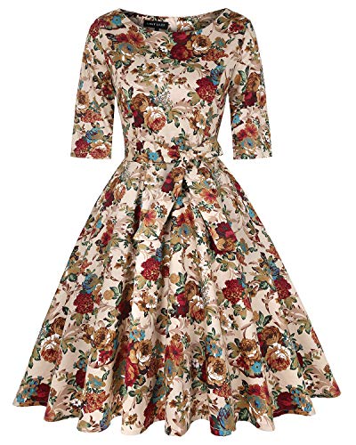 Image of MINTLIMIT Women's 1950s Floral Vintage Dresses Audrey Hepburn Style Party Dresses(Floral Khaki,Size S)
