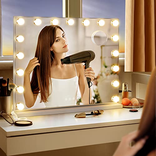 Daslava Vanity Mirror With Lights 25" X 21" Large Hollywood Vanity Mirror With Lights 17 Bulbs 10X Magnifying Compact Mirror, 3 Colors Modes, Touch Control Mirror With Lights, Usb Charging Port #TOP6
