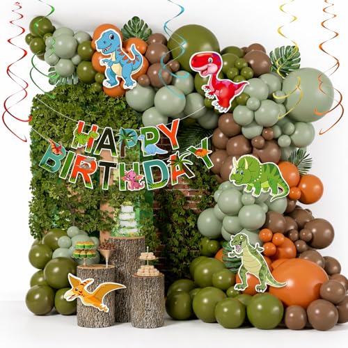 Image of Set of 55 Pcs Dinosaur Theme Birthday Decoration Kit with Happy Birthday Paper Banner, Dinosaur Cutouts, Green Brown Orange Balloons, Hanging Swirls, Jungle Party Decoration Set for Kids Boys