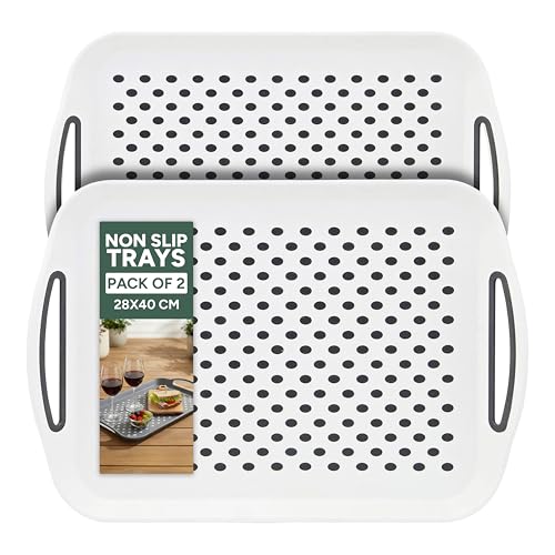 Zuvo Vassoio antiscivolo con manici (set di 2) - Plastica senza BPA, leggero e resistente - Vassoi antiscivolo per mangiare e bere (bianco)