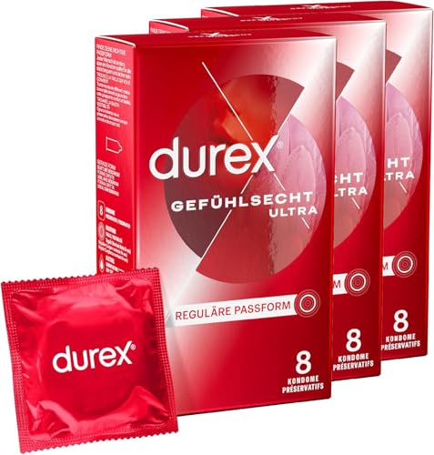 Durex Gefühlsecht Ultra Kondome – Extra dünne Spitze & mit Silikongleitgel befeuchtet – 24er Pack (3 x 8 Stück)