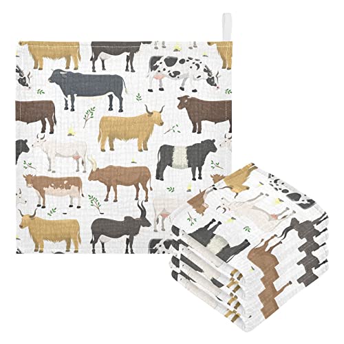 Image of Baby Washcloths Cotton Bulls Cows Cattle Baby Muslin Washcloths Soft Baby Face Towel for Newborn Infants Baby Wipes, 11.8 X 11.8 Inch, 5 Pack White