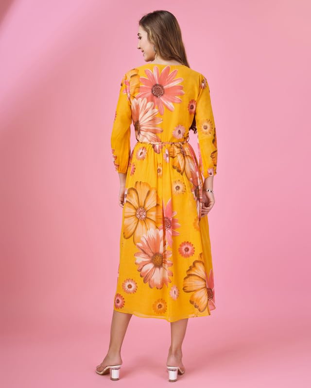 Image of MOJILAA Women's Georgette Floral Printed Gathered Dress