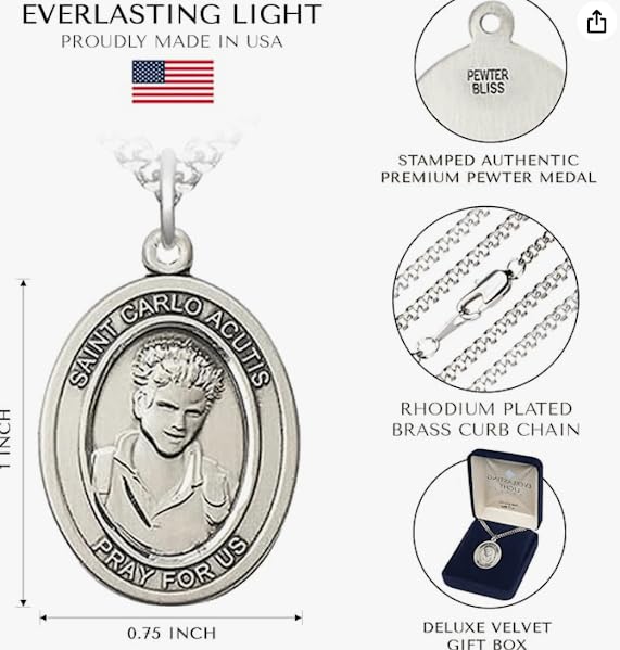 Saint Carlo Acutis Medal Necklace – Men's Pewter Pendant with 24-Inch Light Chain and Gift Box – Patron Saint of the Internet & Youth - Made in USA2