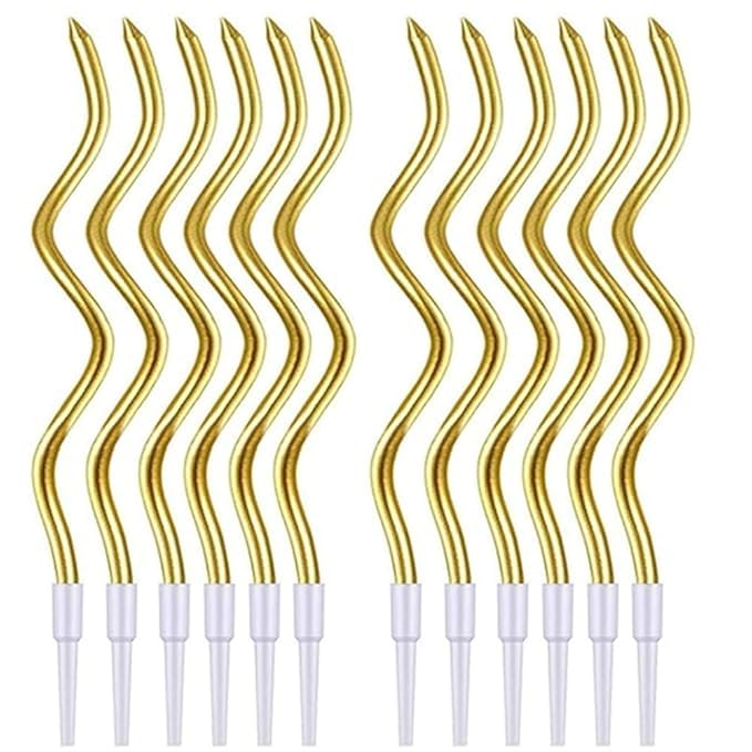 Pop The Party 12Pcs Gold Spiral Long Thin Metallic Candles |Cake Candles for Wedding Baby Shower Anniversary|Party Candles Twisty Metallic Curly Coil Candles with Holders.