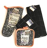 RAS Halloween Kitchen Linen Decor Set (6) Piece Set Orange Black White Yellow Purple Gray 2 Microfiber Scrubbers, 1 Kitchen Towel, 2 Pot Holders, 1 Oven Mitt Witches and Black Cats