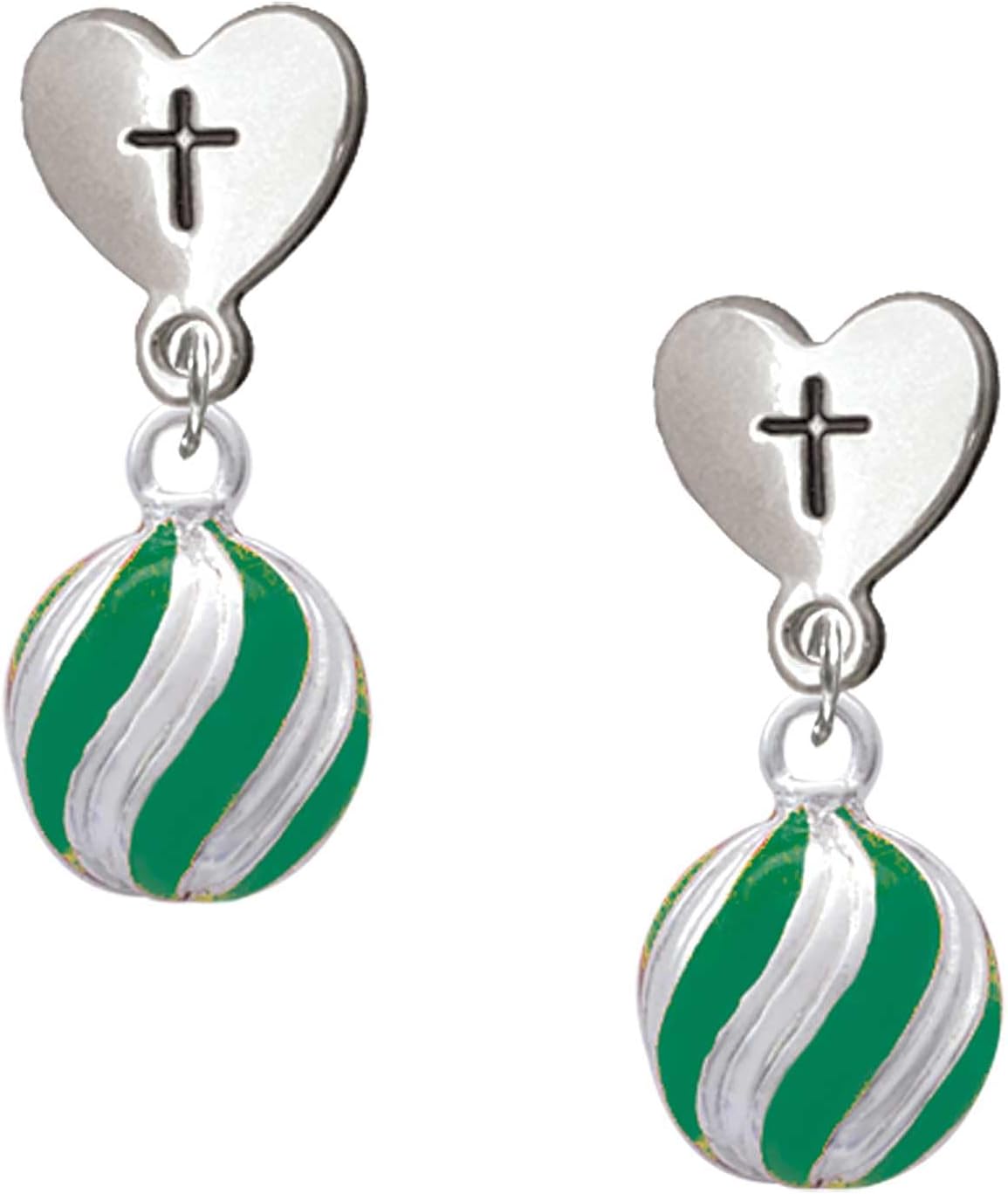 Delight Jewelry Plated 3-D Striped Christmas Ornament Plated Cross in Heart Post Dangle Earrings