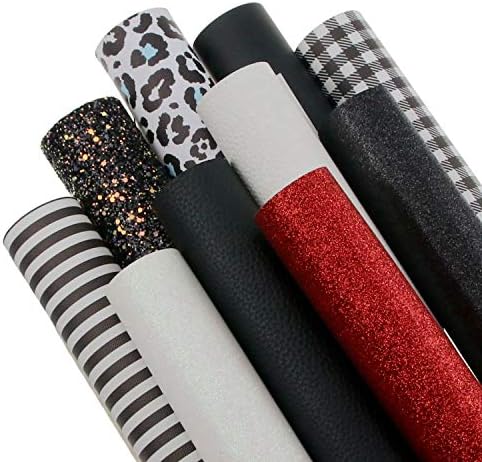 10 Pieces 8x12 Inch Black White Red Faux Leather Sheets Include Fine Glitter Leather Sheets,Chunky Glitter Leather Sheets,Litchi Leather Sheet,Printed Leather Sheets for Leather Bows Earrings Making