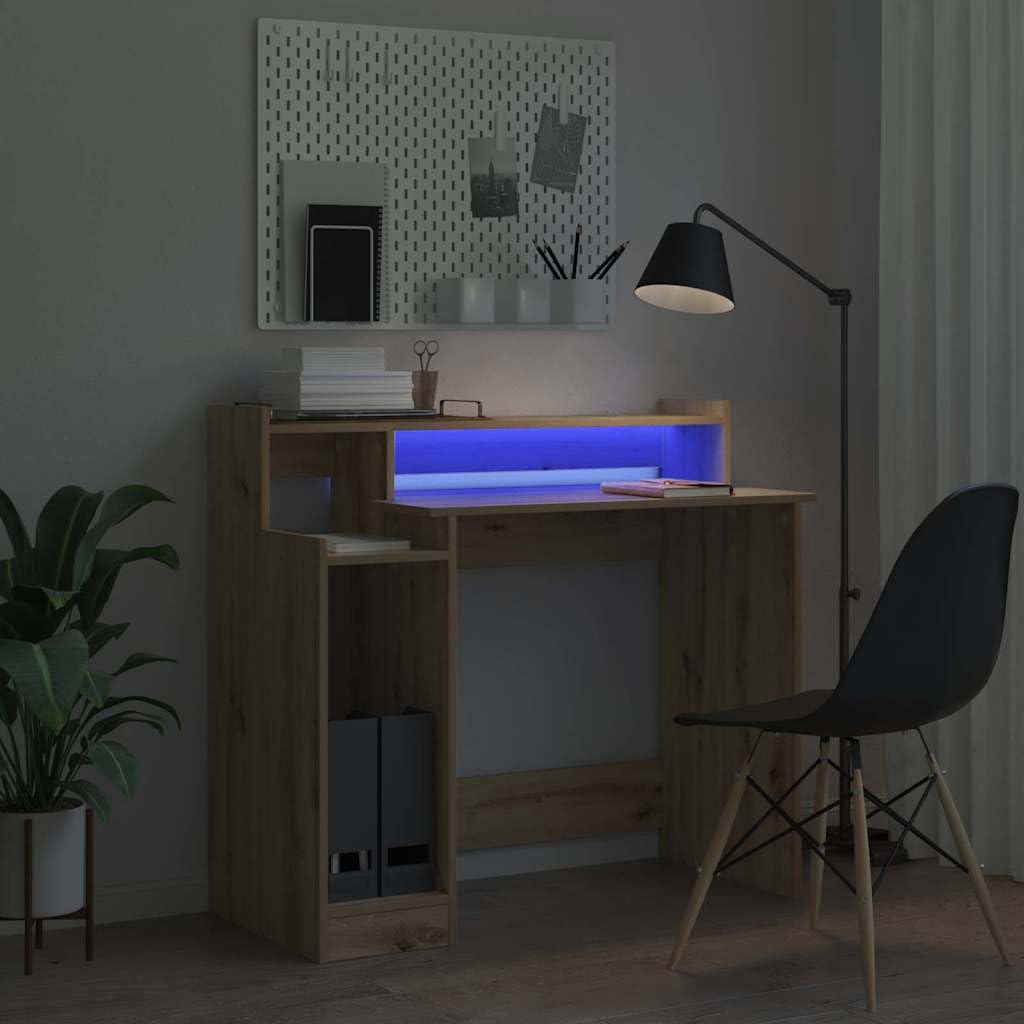 Escritorio de madera de roble Artisan, 97 x 45 x 90 cm, con iluminación LED, puerto USB y 3 estantes, moderna mesa de ordenador para oficina, oficina en casa, estudio