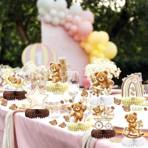 Image of 8Pcs Bear Baby Shower Gender Reveal Decorations Honeycomb Centerpieces, Confetti Baby Shower Table Decorations Birthday Party Table Centerpieces Toppers Party Decor (Brown)