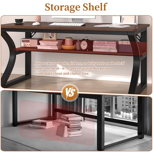 Image of 47 inch Computer Desk, Home Office Desk with Storage Shelf, Sturdy U-Shaped Metal Frame Study Table with Cable Management, Gaming Desk for Office & Bedroom (Deep Walnut, 47inch)
