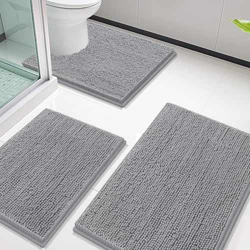 Image of Smiry Bathroom Rugs Sets 3 Piece, Soft Absorbent Chenille Bath Mat and U-Shaped Contour Toilet Rug, Machine Wash Dry Bath Mat Sets for Bathroom Tub and Floor (30 inchx20 inch+24 inchx16 inch+24 inchx20 inch, Grey)