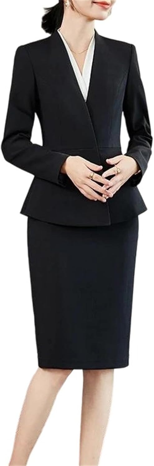 Women’S Slim Suits Long Sleeve V Neck Blazer and Skirt Solid Work Wear Sets 2 Piece Outfits Business Casual Suit Sets