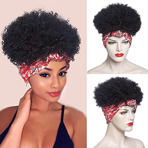 Short Kinky Curly Headband Wigs for Black Women Wrap Wigs 2 in 1 Afro Synthetic Curly Wigs with Red Turban High Puff Full Curly Headband Wigs with Scarf
