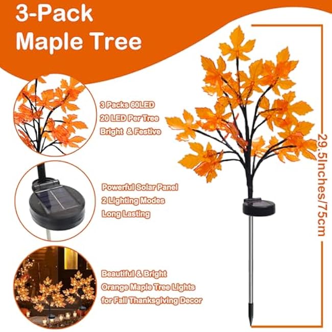 3 Packs 60 LED Fall Decor Thanksgiving Decorations Outdoor, Solar Maple Leaf Lights Fall Decorations, Outdoor Thanksgiving Lights, Orange Fall Lights for Autumn Harvest Halloween Thanksgiving Decor